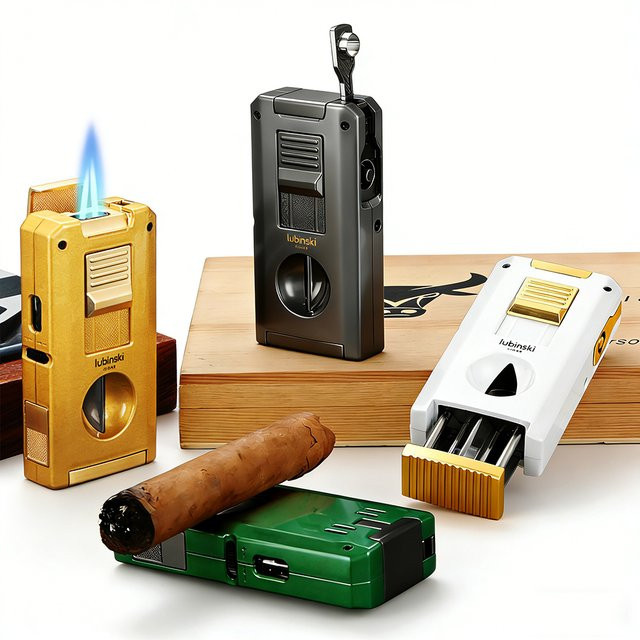 LUBINSKI Zigarren-V-Schneider und Metall-2-Fackel-Feuerzeug mit Stützhalter und Nadeln in Geschenkbox - Bild 1