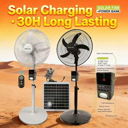 ElectroCN 3-in-1 Solar-Standventilator mit 18 Zoll Gleichstrom-Elektrolüfter und abnehmbarer 30000mAh Powerbank in Weiß