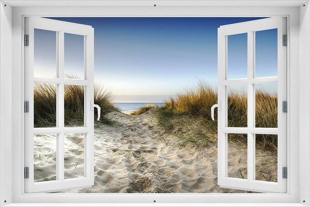 Wallario Gartenposter mit Fenster-Illusion Weg durch die Dünen zum Strand am Meer, Multicolor, B: 100 cm, H: 150 cm - Bild 1