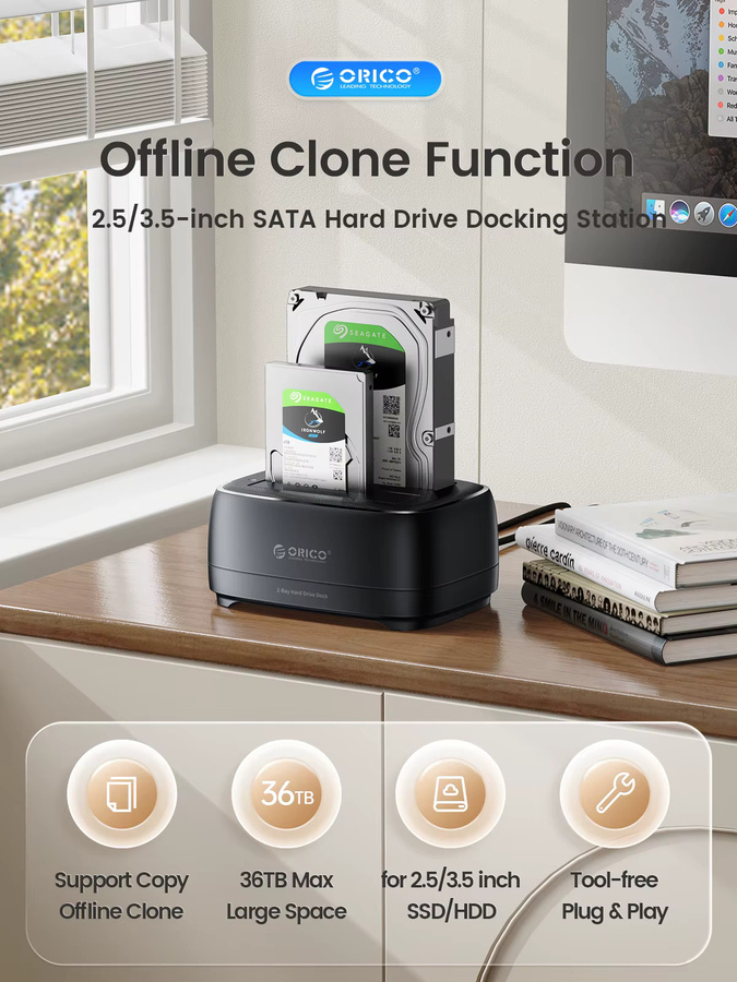 ORICO Offline-Klon-Festplatten-Dockingstation Dual-Bay mit USB 3.0 und USB-C, 5Gbps, für 2,5 und 3,5 Zoll HDD/SSD, Schwarz - Bild 2