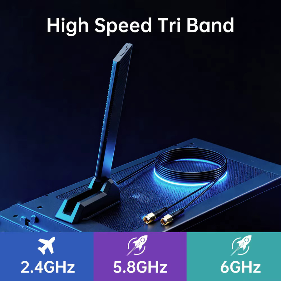 DERAPID Dreifachband WLAN 6E Antenne mit RP-SMA-Magnetfuß für AX210 AX200 PCI-E PC, Externer Antennenverstärker für 2,4 GHz, 5 GHz und 6 GHz, Schwarz, Kabellänge: 1,2 m - Bild 2