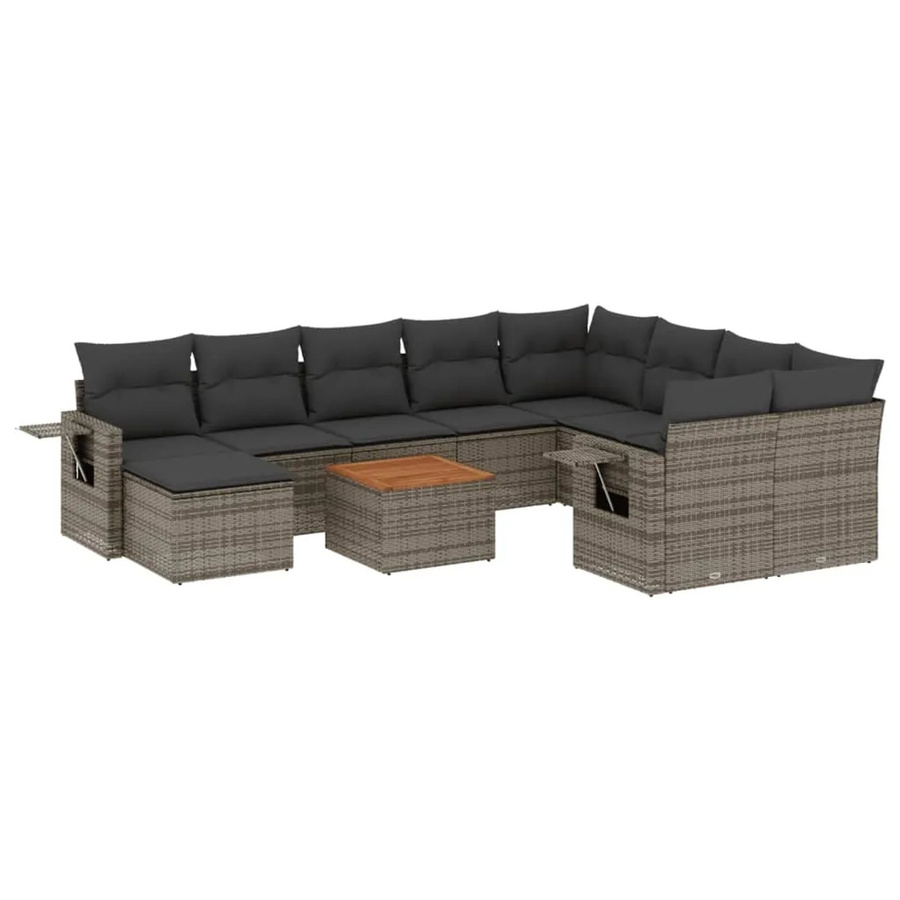 vidaXL 11-teilige Garten-Sofagarnitur aus Poly-Rattan und Akazienholz in Grau mit Kissen - Bild 2