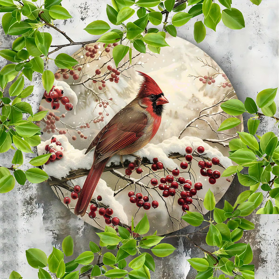Potdemiel Wandkunst aus Metall: Runder Kardinal-Vogel und Stechpalmen-Beerenkranz in Rot für eine rustikale Weihnachtsdekoration, Durchmesser: 20,0 cm - Bild 3