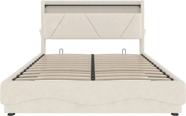 okwish Polsterbett Beige mit LED-Unterbettbeleuchtung, USB-Ladeanschluss und Seitentaschen, B/T/H: 140 x 200 x 116,5 cm - Bild 1