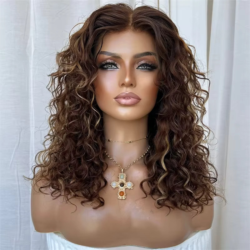 Synthetische Lace-Front-Perücke, Ombre Honigbraun Blonde Highlights, Deep Curly Wave - Bild 2
