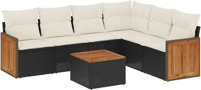 vidaXL 7-teilige Garten-Sofagarnitur in L-Form aus Poly-Rattan und pulverbeschichtetem Stahl mit Kissen in Schwarz-Creme - Bild 1