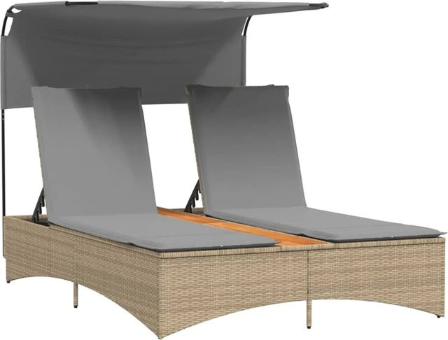 vidaXL Doppel-Sonnenliege aus Poly Rattan mit Sonnendach und Auflagen in Beige, B/T/H: 136 x 202 x 140 cm - Bild 1