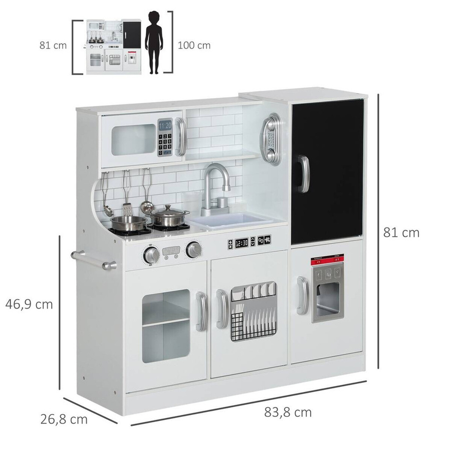 AIYAPLAY Kinderküche Spielküche mit Küchenzubehör und Kreidetafel, Weiß, B/H/T: 26,8 x 81,0 x 83,8 cm - Bild 3