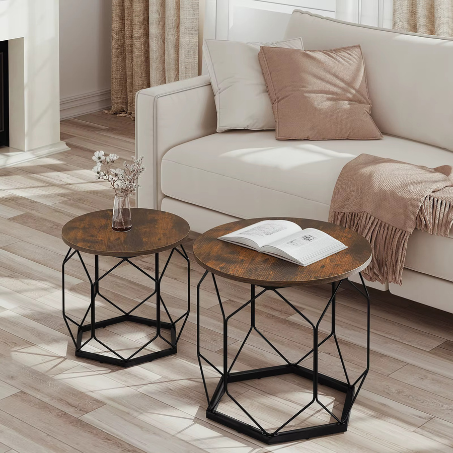 WOLTU 2-teiliges Couchtisch-Set aus Metall in Braun, runder Beistelltisch mit Stauraum im modernen Design für dein Wohnzimmer oder Schlafzimmer - Bild 3