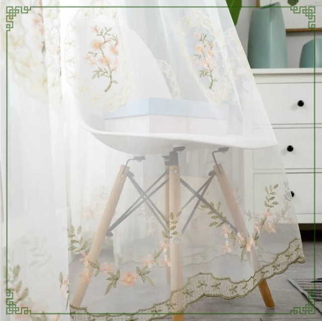 ZJBYZHOUSEHOLD Chiffon Vorhang mit floraler Stickerei in Pink und Weiß, minimalistischer Fensterfilter im europäischen Stil - Bild 1