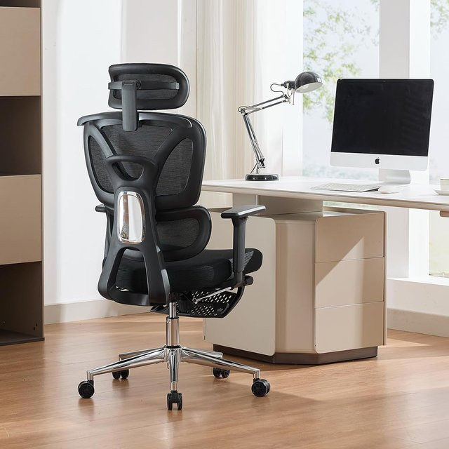 HiMISS Ergonomischer Bürostuhl in Schwarz und Grau mit Kopfstütze, Armlehnen und Rollen, moderner Schreibtischstuhl aus Stoff mit Schwenkfunktion - Bild 1