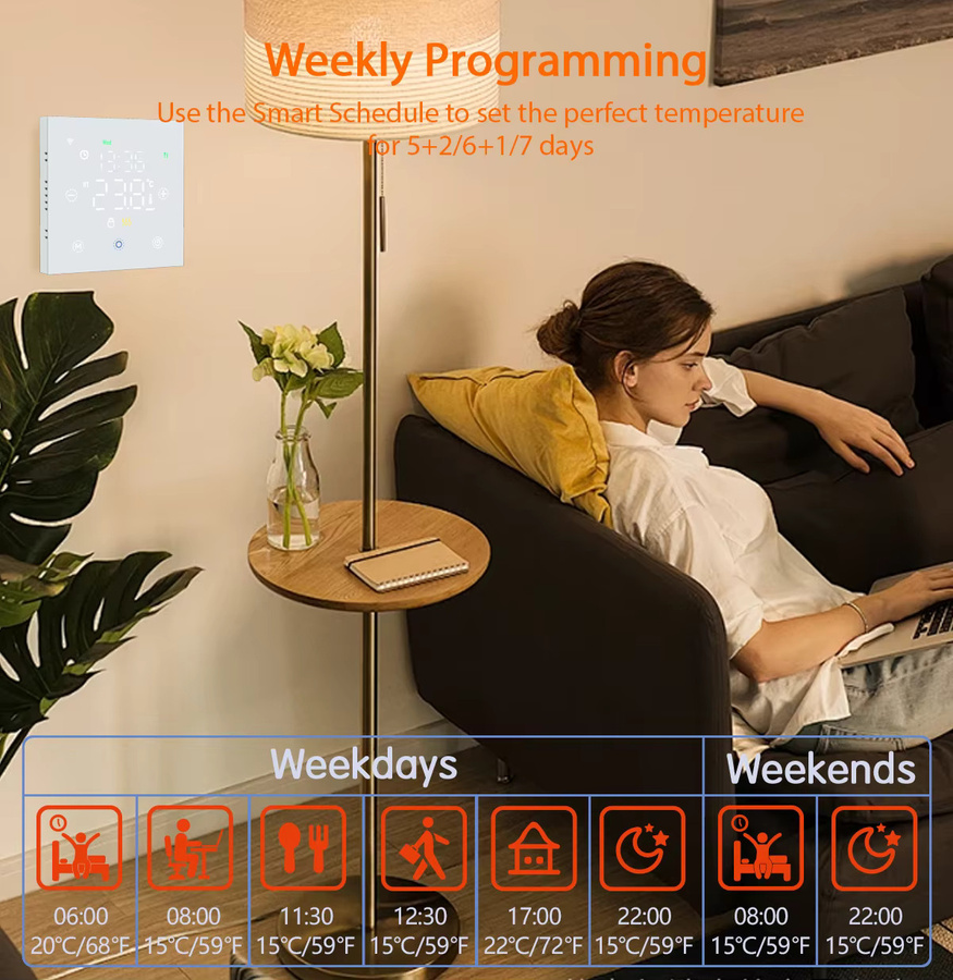 EZAIOT Smart Wifi Thermostat mit App-Steuerung und Glasfront in Weiß für elektrische Bodenheizung sowie Wasser- und Gaskessel, kompatibel mit Google Home, Alexa und Yandex - Bild 2