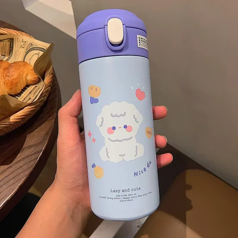 JUSTINLAU Bärenbecher Thermoskanne für Mädchen in Blau, 380 ml, tragbare Wasserflasche mit Strohhalm im Cartoon-Design - Bild 3