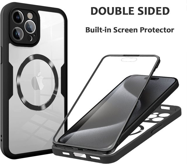 Vyimc Magnetische 360 Ganzkörper-Handyhülle für iPhone 16 15 14 13 12 11 Pro Max Plus, Transparent, Lila, MagSafe Kompatibel - Bild 1