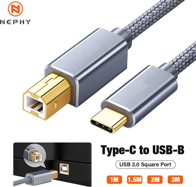Nephy USB C auf USB B 2.0 Druckerkabel in Grau, 3m geflochtenes Kabel für Drucker und Scanner - Bild 1