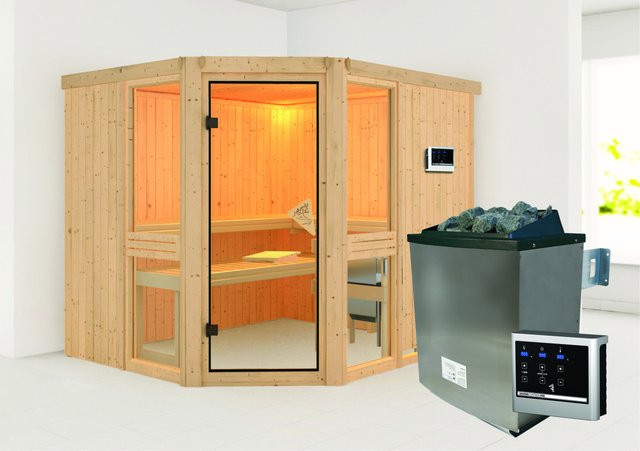 Karibu Sauna Anina 3 in Natur mit 9,0 kW Ofen und externem Steuergerät, B/T/H: 231 x 198 x 202 cm - Bild 1