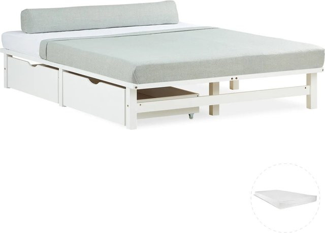 Homestyle4u Palettenbett aus Kiefernholz in Weiß mit 2 Bettkästen und Matratze, skandinavisch modernes Jugendbett, B/T: 140 x 200 cm - Bild 1