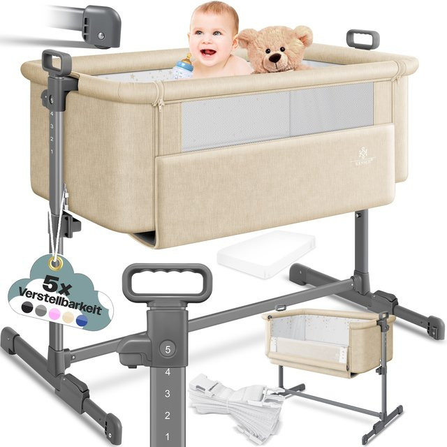 KESSER Hubi 3in1 Baby Beistellbett und Reisebett in Beige mit weicher Matratze, Rollen und 5-fach Höhenverstellung - Bild 1