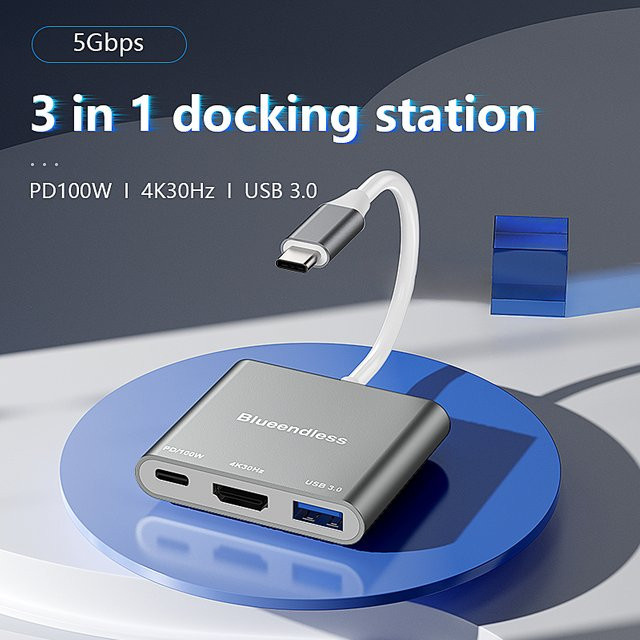 Blueendless 3-in-1 USB-C-Hub Typ C auf HDMI und USB 3.0 Adapter in Grau für Laptop und MacBook - Bild 1