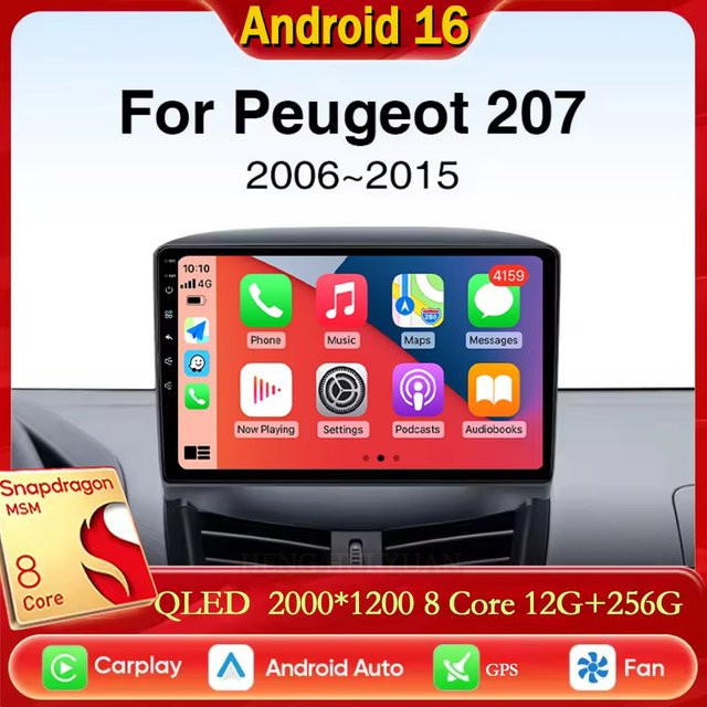 TIEYEZ Android 16 CarPlay Autoradio mit 2K QLED Display und GPS für Peugeot 207 CC in Schwarz - Bild 1