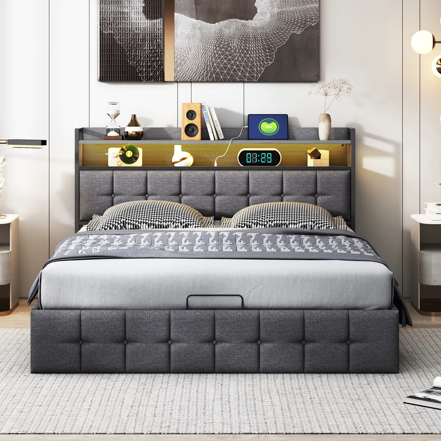 Polsterbett FEEOHOME in Grau mit Staufach und Kopfteil, Doppelbett mit Bettkasten und Hydraulikfunktion, B/T: 140 x 200 cm - Bild 4