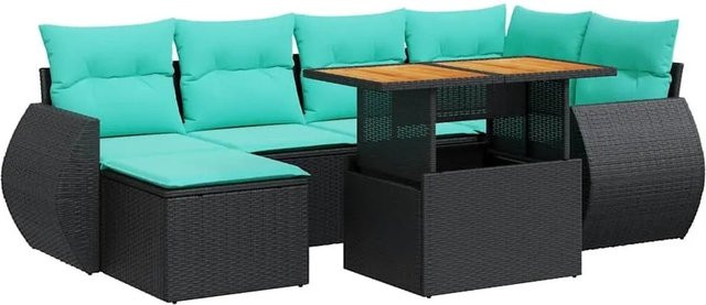 vidaXL 7-teilige Garten-Sofagarnitur in L-Form aus schwarzem Poly-Rattan mit Kissen und pulverbeschichtetem Stahlgestell - Bild 1