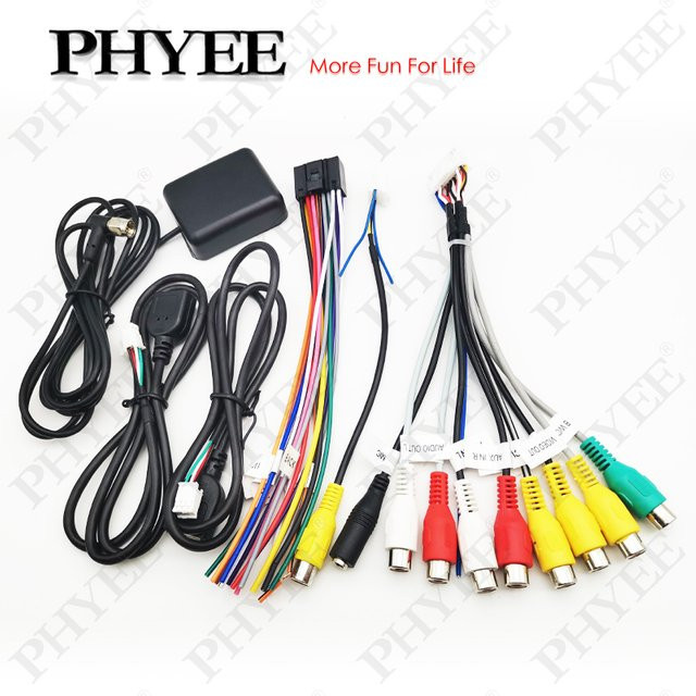 PHYEE 16-poliges Kabelbaum-Set mit USB-Adapter, GPS-Antenne, Mikrofon, Video CVBS, Audio Aux und RCA für universelle Android-Autoradios, Multicolor - Bild 1