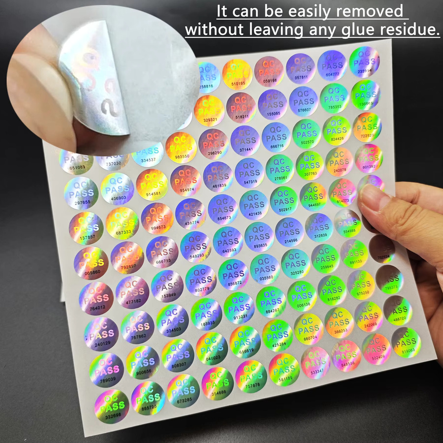 QC PASS Hologramm-Aufkleber mit schwarzen Zufallsnummern, glänzende Laser-Rundaufkleber in Silber und Multicolour für die Qualitätsprüfung - Bild 5