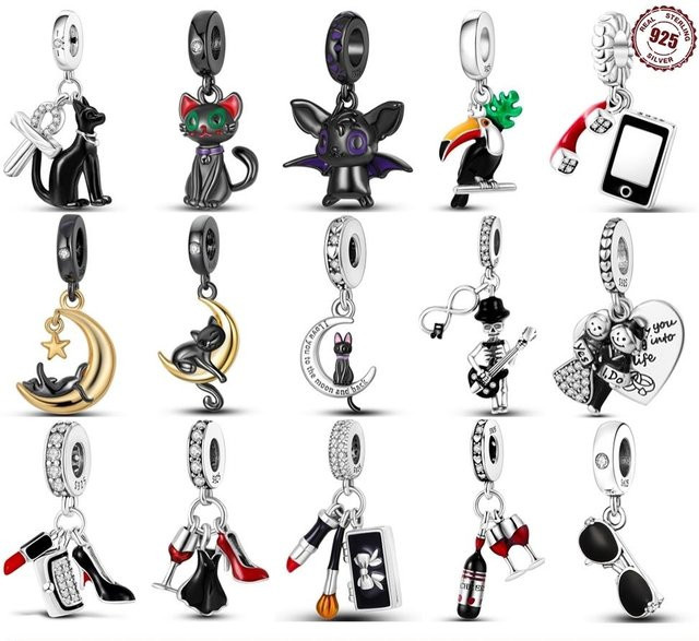 CYCUFF Charms, 925 Silber, Schwarze Katze, Spinne, Perlen, Unisex - Bild 1