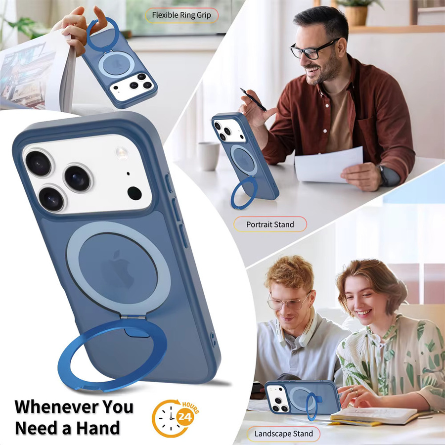 Vyimc MagSafe Magnetische Handyhülle mit Falten-Standfunktion für iPhone 17 Air 16 15 Pro Max 16E 14 Plus 13 12 in mattierter transluzenter Optik, Grau und Blau - Bild 2