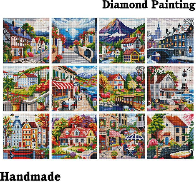 Huacan 12er Set Diamant-Mosaik-Stadt Mini-Diamantgemälde Landschaft Multicolor quadratisch - Bild 1
