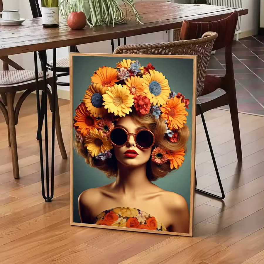Potdemiel Rahmenloses Nordisches Bohemian Leinwand-Poster mit Blumen, Frau und Vogel Porträt Wandkunst in Mehrfarbig - Bild 3