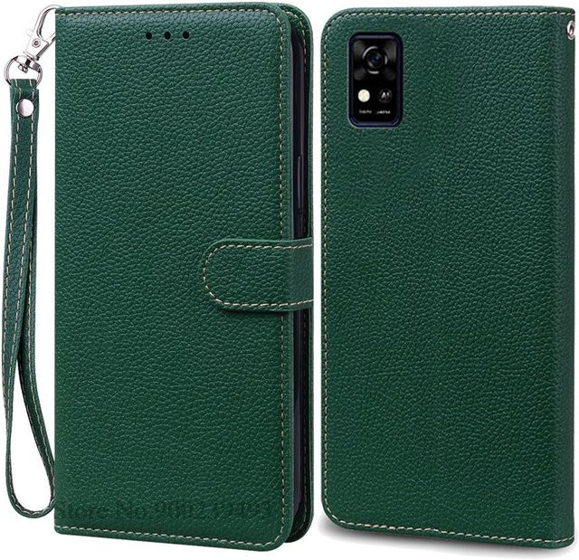 ZTE Blade A31 Handyhülle aus weichem TPU Silikon und Leder-Klappbrieftasche in Grün - Bild 1