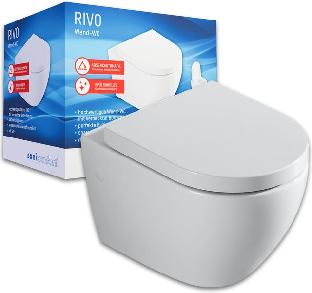 sanicomfort Hänge-WC Rivo Set in Weiß – Spülrandloses Wand-WC mit Tiefspüler, Softclose WC-Sitz aus Duroplast und verdeckter Befestigung - Bild 1