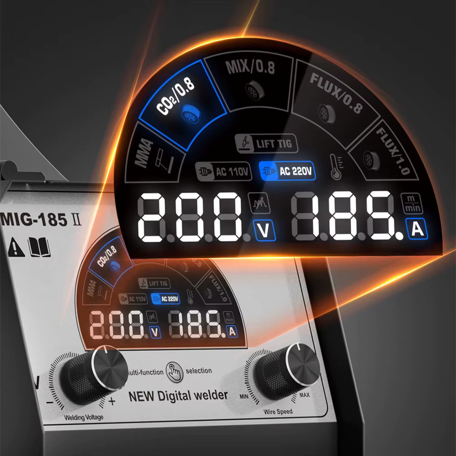 HZXVOGEN MIG185 4-in-1 Schweißgerät in Schwarz: Digitales Multiprocess-Schweißgerät mit MMA, MIG/MAG und Lift-TIG Funktionen, SYN IGBT Inverter und LED-Bildschirm für 0,8/1,0 mm Fülldraht - Bild 2