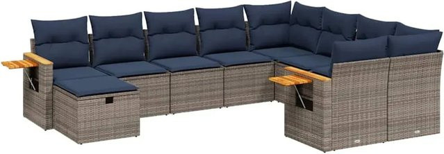 vidaXL 10-tlg. Garten-Sofagarnitur in L-Form aus Polyrattan und Akazienholz, Grau mit Kissen - Bild 1