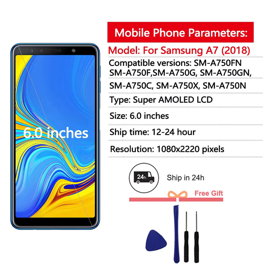 Samsung Galaxy A7 2018 Ersatz LCD Display mit 6,0 Zoll AMOLED Touchscreen Digitizer in Schwarz für A750F A750N A750FN - Bild 2