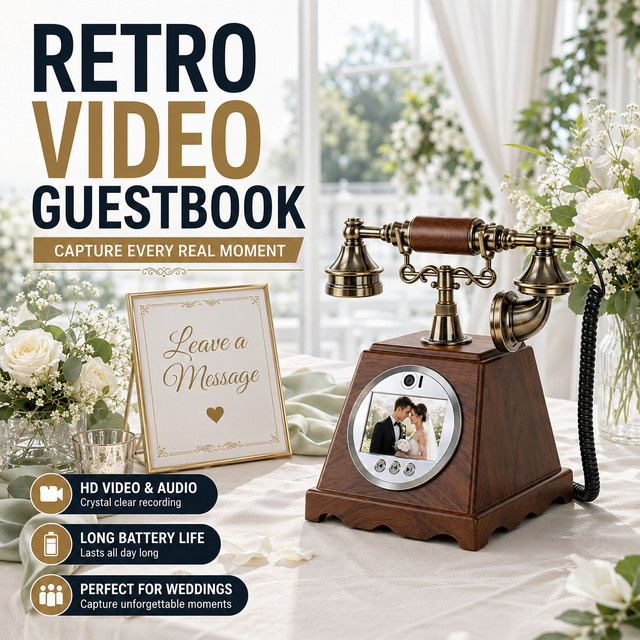 FEIYAQI Retro Video-Gästebuch-Telefon mit 1080P Auflösung und 32 GB Speicher in Holzmaserung Braun oder Weiß - Bild 1