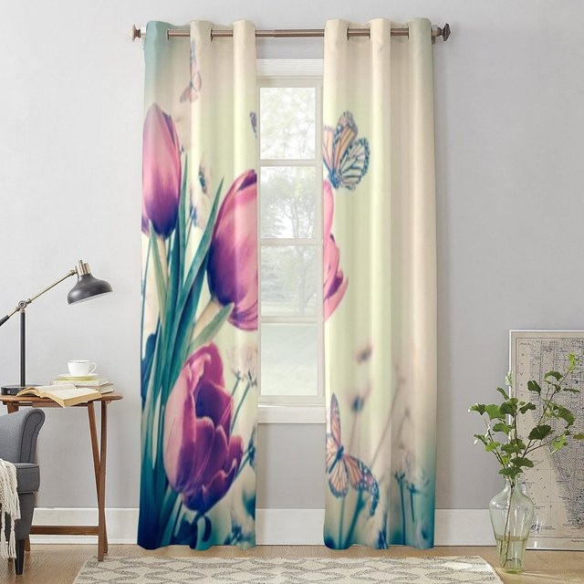 Super Six Fenstervorhang mit Blumenstrauß aus roten Tulpen und Schmetterlingen, modern und semi-transparent, Farbe: Weiß/Mehrfarbig, Breite: 135 cm, Höhe: 60 cm - Bild 1