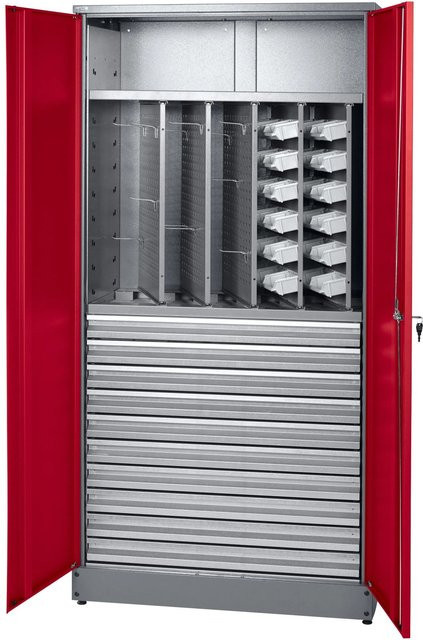 Küpper Materialschrank aus Stahlblech mit 2 Türen und 10 Schubladen, Dunkelrot, H x B x T: 180 x 91 x 45 cm - Bild 1