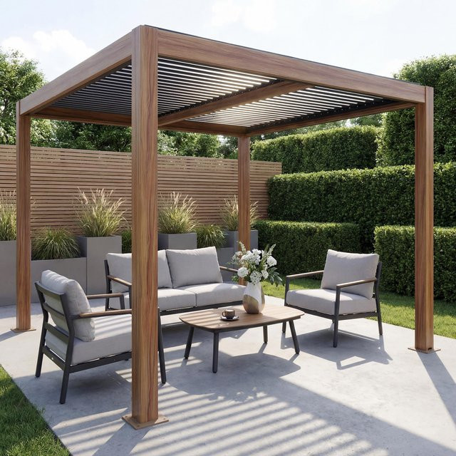 Gartenpavillon MCW Pergola MCW-L46 mit drehbaren Lamellen und Aluminium-Gestell in Holzoptik Braun, B/T: 300 x 300 cm - Bild 1
