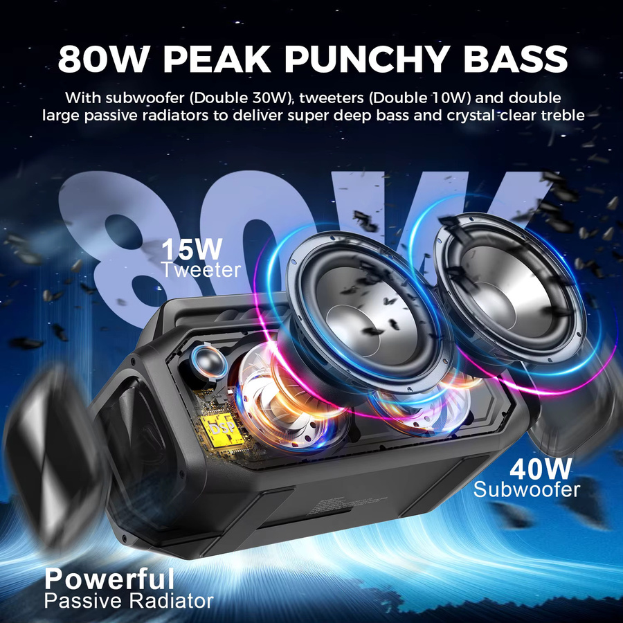 W-KING BT261-2 Bluetooth-Lautsprecher 80W, tragbarer Outdoor-Lautsprecher mit Bass-Boost und IPX6 Wasserdichtigkeit, Schwarz - Bild 4