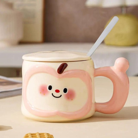 Yiran toy 1 Keramiktasse mit Deckel und Löffel Apfel-Design, 400 ml, in Pink, Blau, Rot oder Schwarz