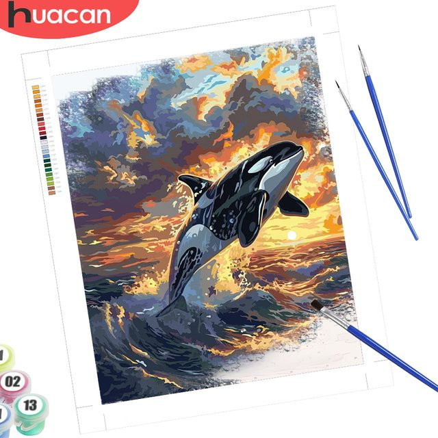 HUACAN Malen nach Zahlen Set mit Wal und Sonnenuntergang auf Leinwand, Mehrfarbiges Wandbild für Hobby und Heimdekoration - Bild 1