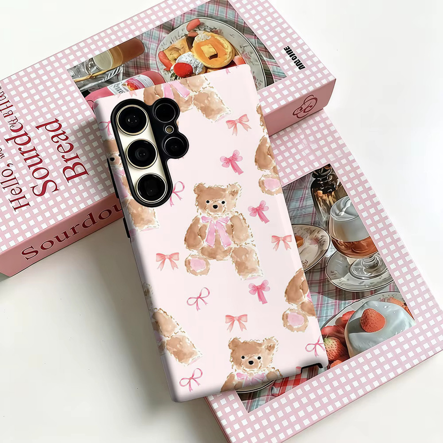 Teddy Dream Handyhülle mit rosa Schleife für Samsung Galaxy S25 Ultra, S24 und S23 Ultra Plus, stoßfeste Doppelschicht Rückabdeckung in Pink - Bild 2