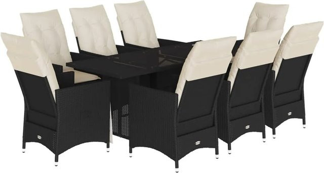 vidaXL 9-teilige Garten-Essgruppe aus schwarzem PE-Rattan mit Kissen und Glastisch für Terrasse und Garten - Bild 1