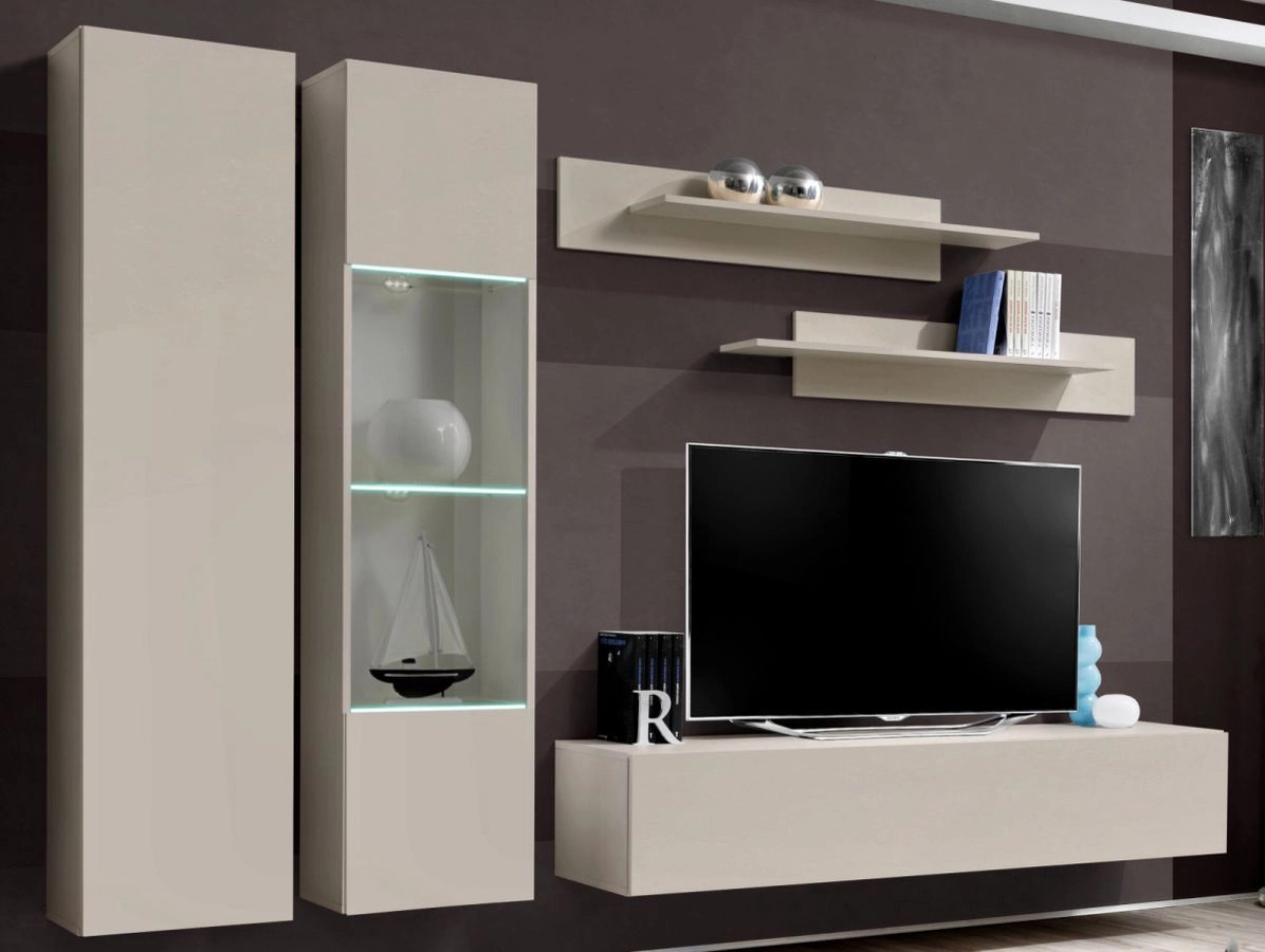 Wohnwand Option von Inn.Furn in Kaschmir Beige, 5-teiliges Set mit LED-Beleuchtung und Glasvitrine, Breite: 260 cm - Bild 4