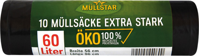 müllstar Öko-Müllsäcke 60 Liter extra strong, schwarz, blickdicht, 100 % Recycling, 10 Stück - Bild 1