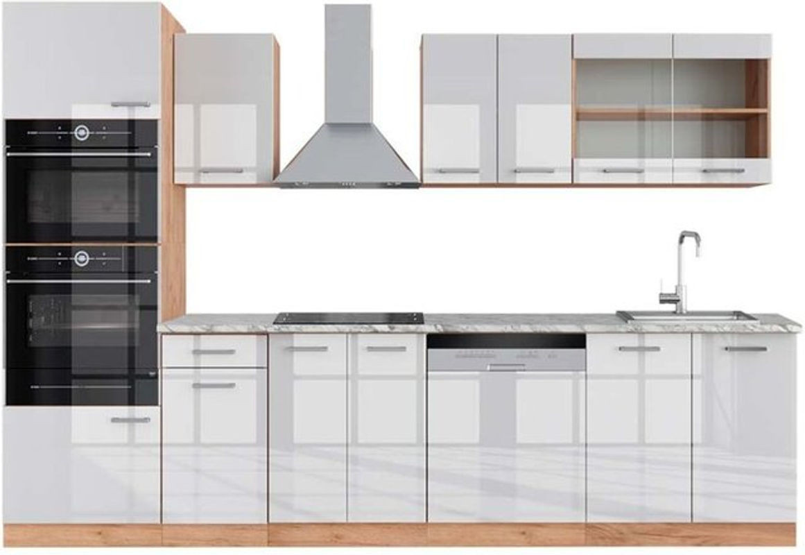 Vicco Küchenzeile R-Line Modern in Weiß Hochglanz und Eiche mit Marmor-Optik, Breite: 300 cm, Höhe: 207 cm, Tiefe: 60 cm - Bild 1