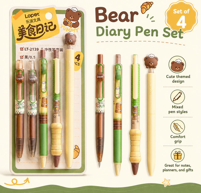 Bear Food Gelstifte Set mit 4 Stück, 0,5 mm Spitzengröße, schnell trocknende schwarze Tinte, ideal für Schule und Büro - Bild 1